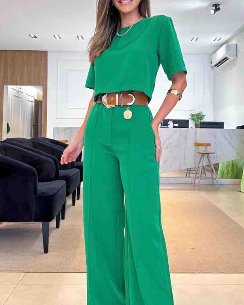 Women's pant sets Summer New Style Commuting Solid Color Short sleeved Suit Pants Fashion Casual Set_voghion.com