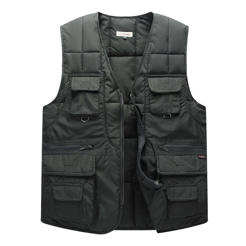 Men's Winter Fishing Vest With Multiple Pockets, Thickened Polyester, Loose Fit Outdoor Casual Waistcoat For Dad (Dark Blue, Black, Olive Green)_voghion.com