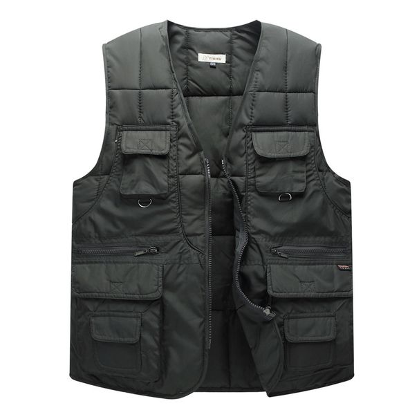 Men's Winter Fishing Vest With Multiple Pockets, Thickened Polyester, Loose Fit Outdoor Casual Waistcoat For Dad (Dark Blue, Black, Olive Green)_voghion.com