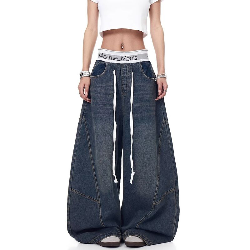 Jeans finti in due pezzi patchwork in stile West Coast americano per uomo e donna, a vita alta, larghi e a gamba larga, modello Scimitarra_voghion.com