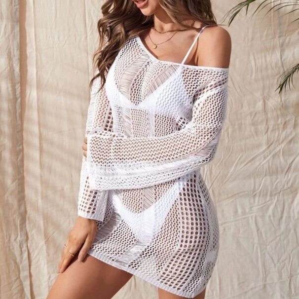 Women's Beach Skirt Knitted Openwork Backless Sexy Long Sleeve Hip Bikini Female Shame._voghion.com