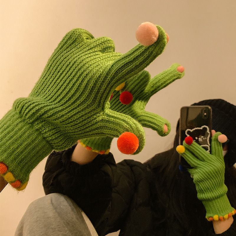 Gants de cyclisme chauds à cinq doigts, sans doigts, tactiles, en laine colorée tricotée pour femmes, pour l'hiver. Jolis petits pompons et gants tactiles à pelote basse._voghion.com