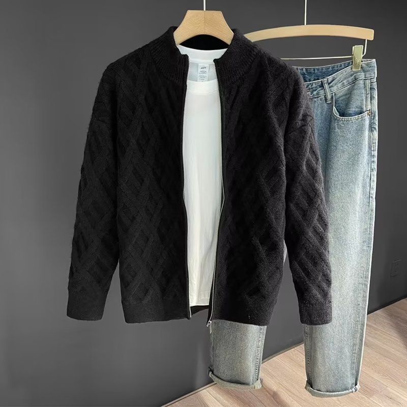 Autumn And Winter Stand-up Collar Zipper Knitted Cardigan Large Size Loose Solid Color Thickened Sweater Jacket Boys Trend_voghion.com