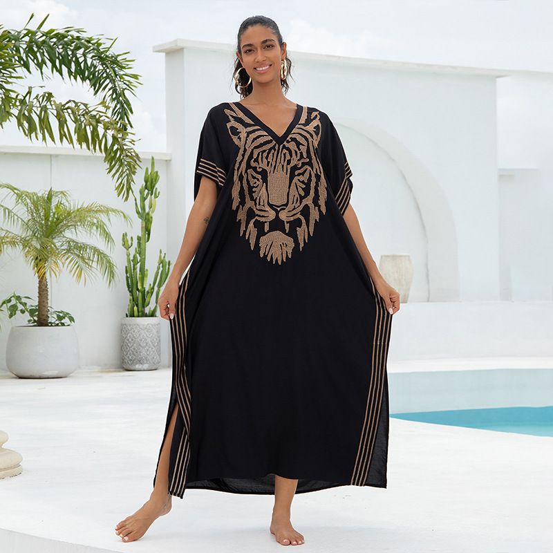 ​​Women's Boho Embroidered Beach Cover-Up – Lightweight Cotton Long Dress (One Size, Tiger Print)​​_voghion.com
