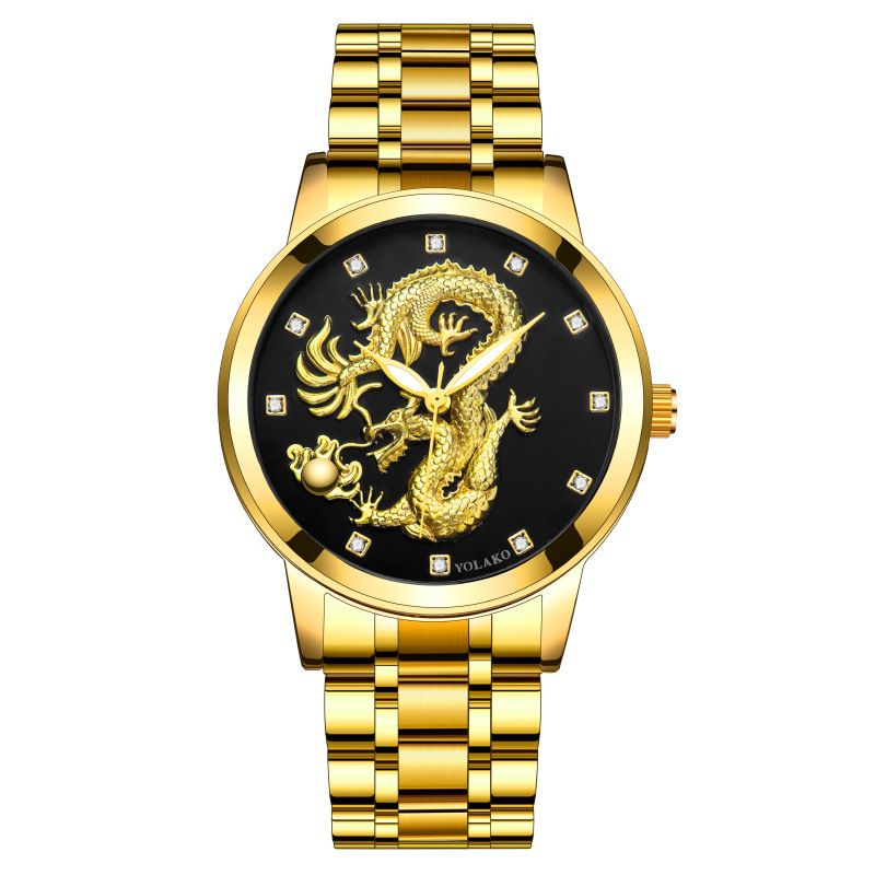 Men's Quartz Watch Men's Watch Diamond Yellow Gold Luminous Waterproof Steel Belt Relief Dragon Totem Watch_voghion.com