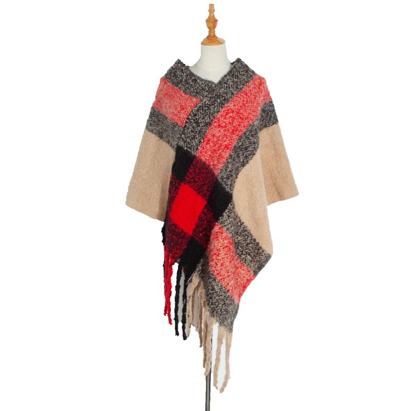 Unisex Women's shawl thick tassel loop yarn plaid cape_voghion.com