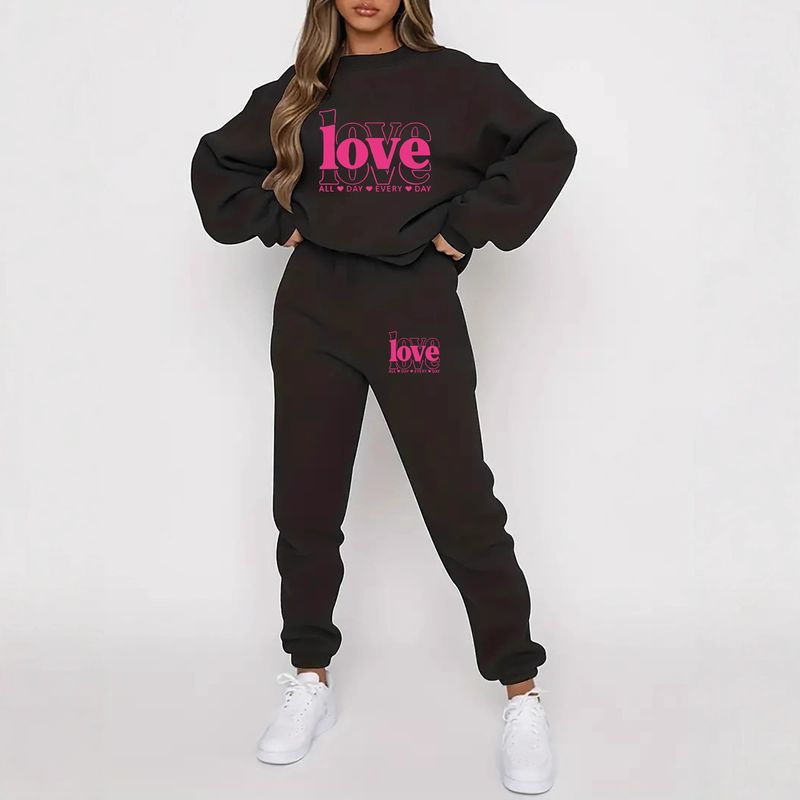 Women's Graphic Print Fleece Hoodie & Jogger Set – Streetwear Comfort Fit (S-XXL, Polyester, Geometric Design)_voghion.com
