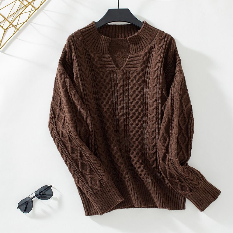 Herbst und Winter 2024 neuer Fried Dough Twists V-Ausschnitt lockerer lässiger Strickpullover für Damen_voghion.com