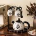 Ceramic Tea Set With Black Rose & Polka Dot Design – 1 Teapot & 4 Cups With Wooden Tray, Vintage Gift For Home & Gifting_voghion.com