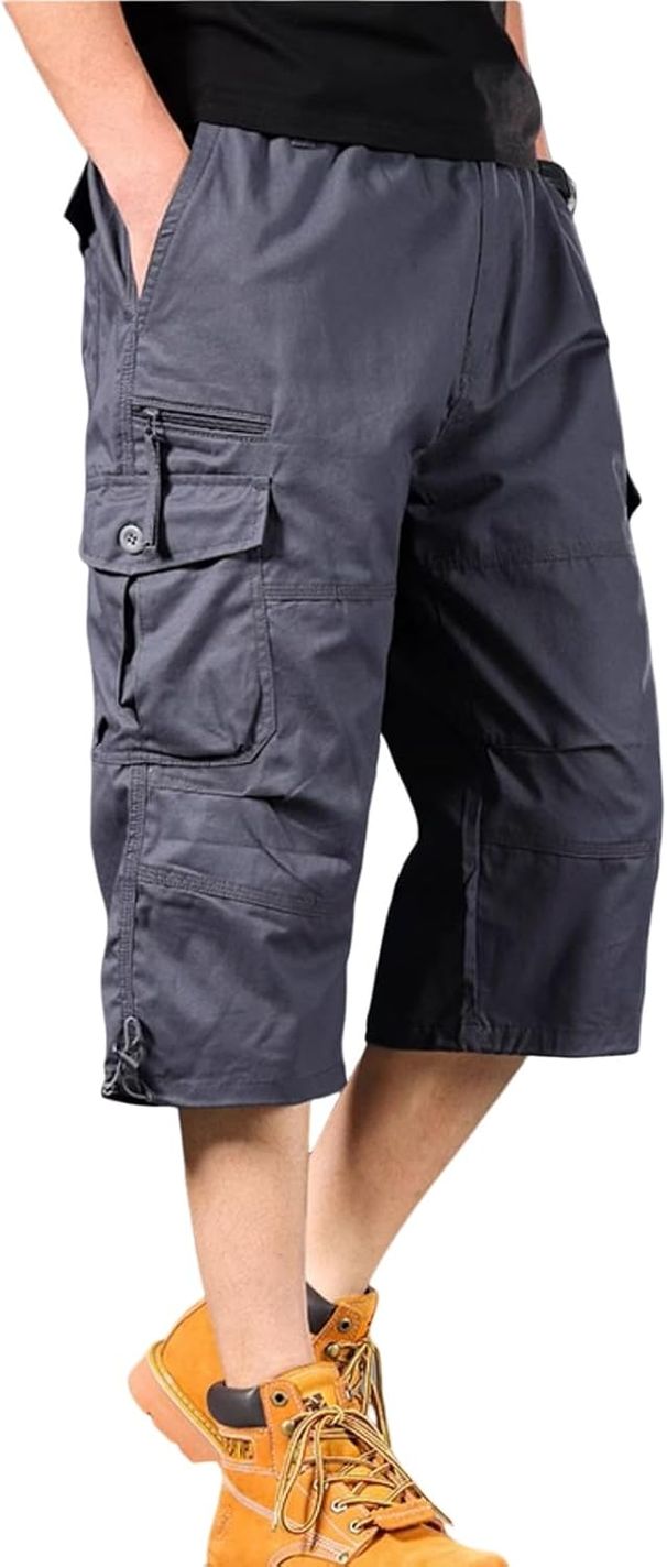 Herren-Cargo-Shorts, 3/4-Passform, entspannte Passform, Herren-Arbeitsshorts, 7 Taschen, Baumwolle, elastischer Bund, Wandershorts_voghion.com