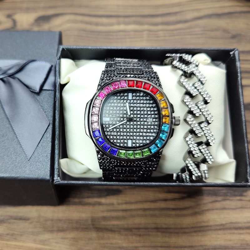Set cadou hip hop cu brățară cu ceas cu diamante_voghion.com