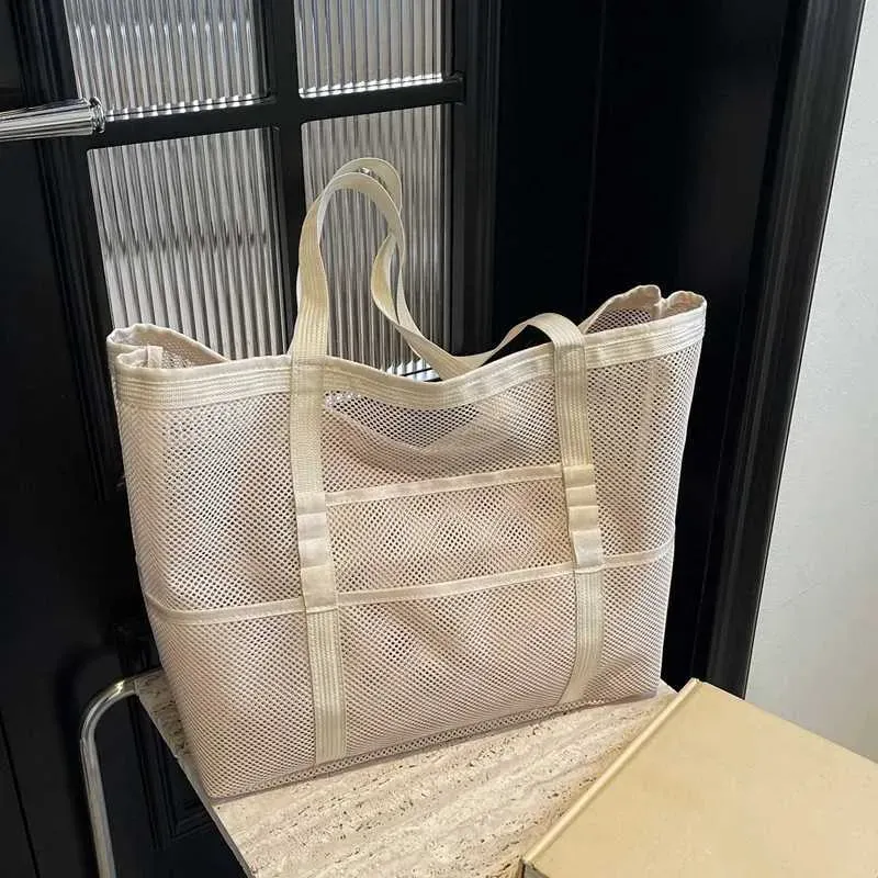 Portable mesh large capacity reusable storage swimming beach bag womens makeup organizer shopping handbag Y241011_voghion.com