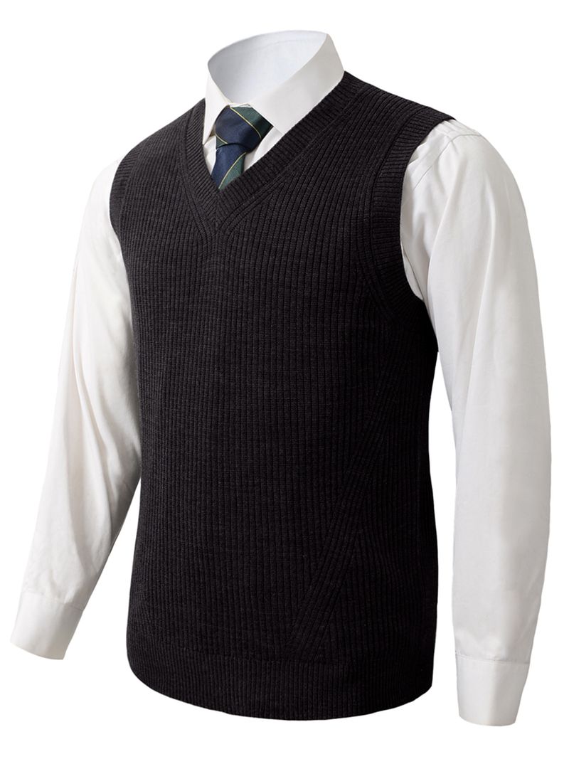Maglione gilet da uomo in maglia con scollo a V, semplice, senza maniche, vestibilità ampia, completo coordinato_voghion.com