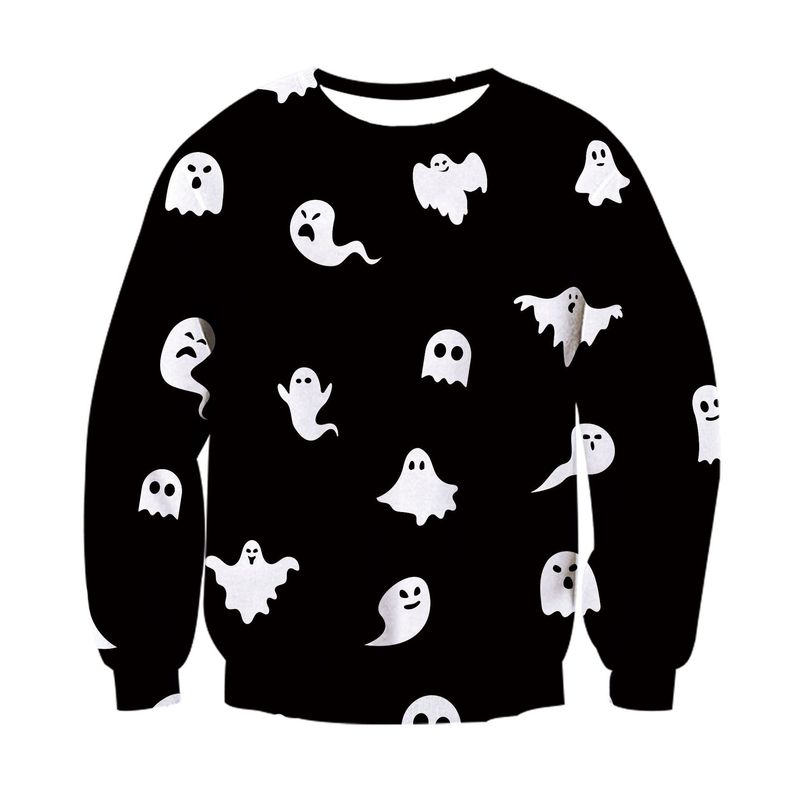 BOY BOY BOY T-shirt homme automne-hiver col rond imprimé numérique 3D Halloween transfrontalier européen et américain, petit fantôme drôle et horrifique_voghion.com