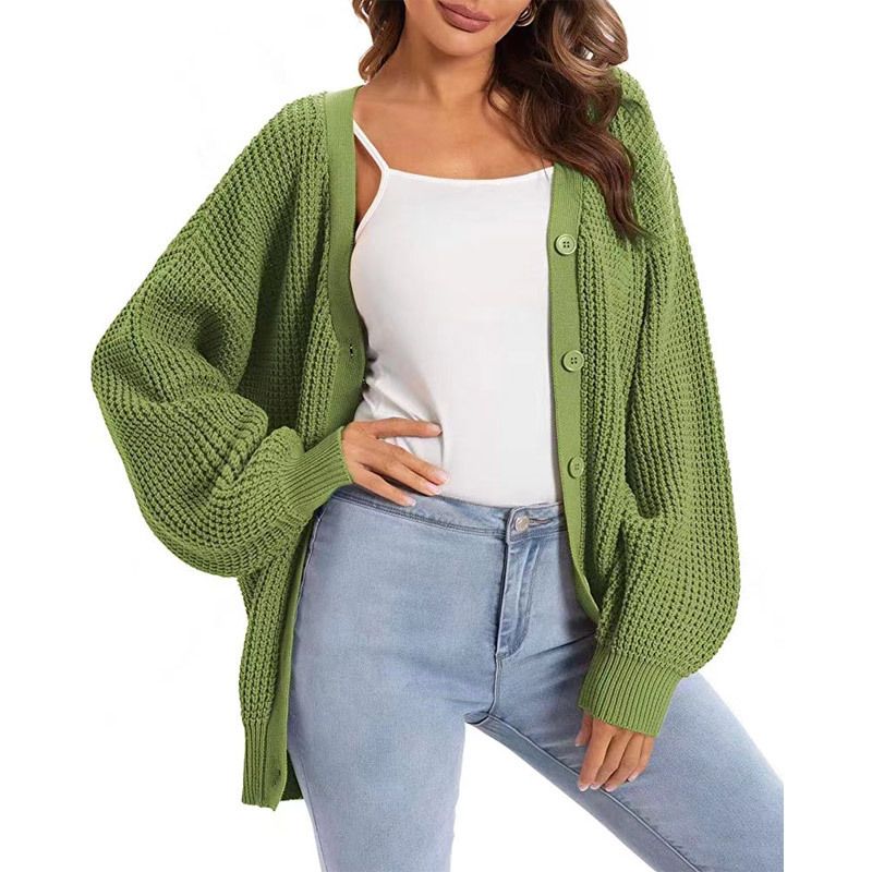 Women's Knitted Cardigan With Lantern Sleeves, V-Neck, Single Button Front, Loose Fit Casual Open Front Sweater - Geometric Pattern, Soft Cotton Blend_voghion.com