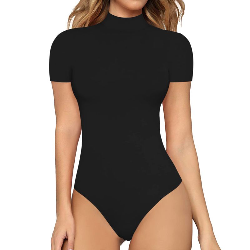 Women's Slim Fit Jumpsuit - High Neck Short Sleeve Solid Color Bodycon Romper​_voghion.com