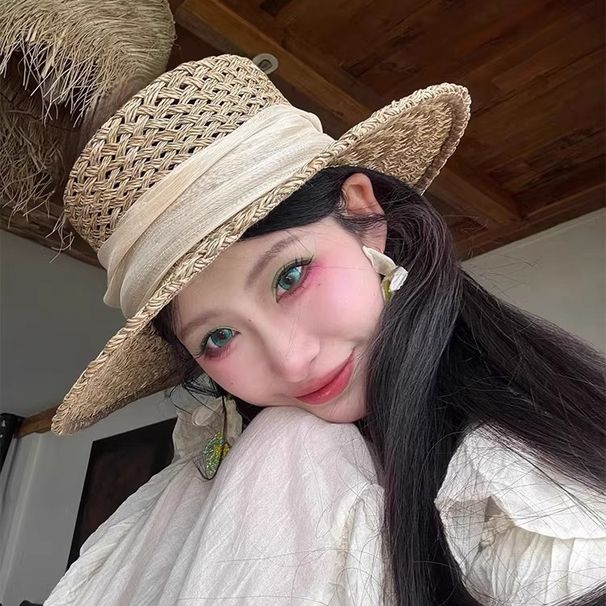 Old Coin Hollow Flat Top Straw Women's Summer Beach Vacation Sun Hat_voghion.com