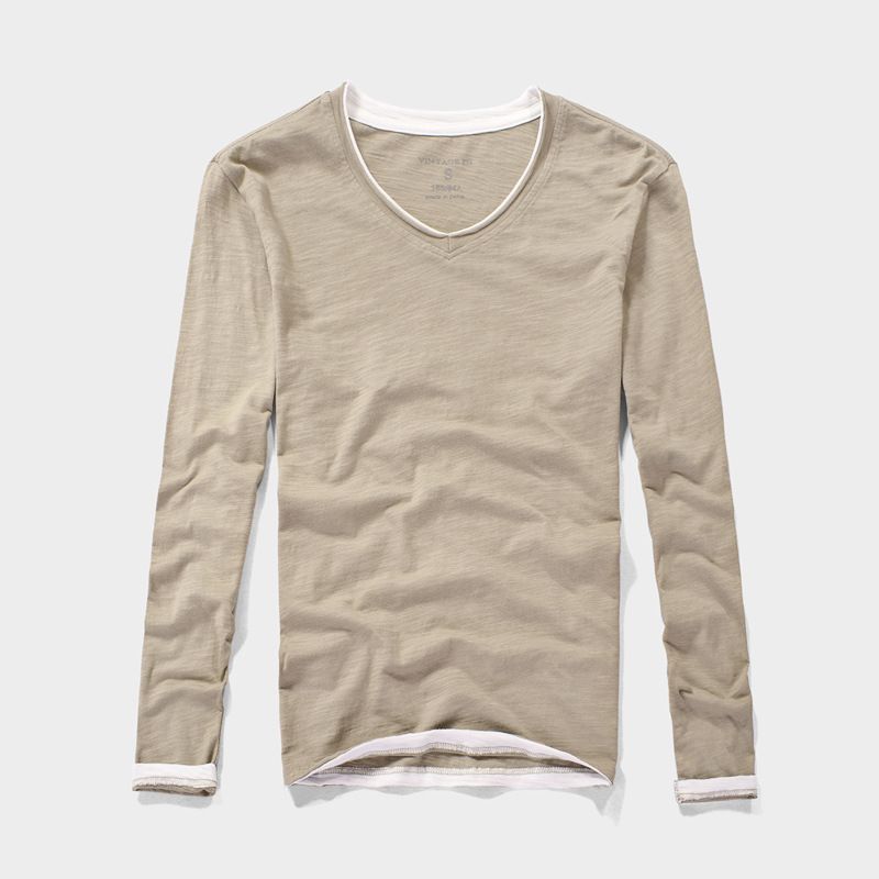 2025d Long Sleeve Spring New Cotton V-Neck Solid Color Base Shirt Casual Men's T-Shirt_voghion.com