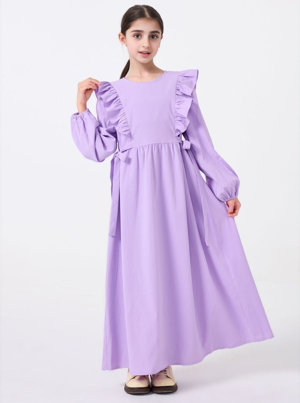 Ema ja lapsed üle piiri Lähis-Ida tüdrukute Abaya ühevärvilised volangidega kraega pitsist kleit-mantel_voghion.com