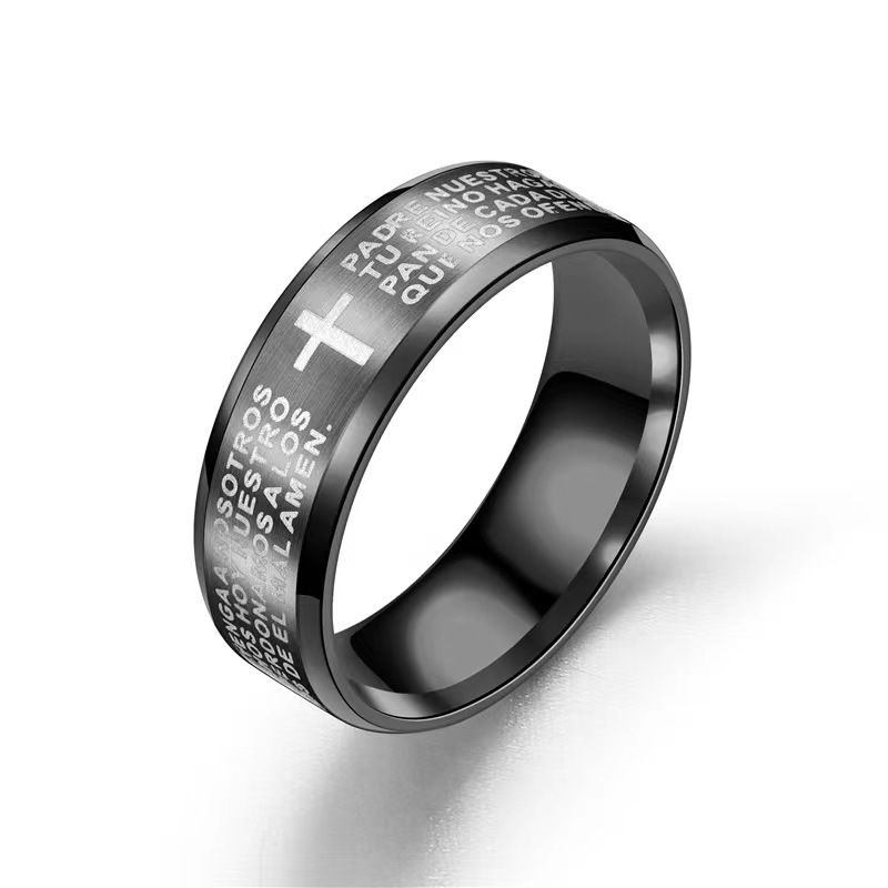 Hot Selling 8mm Lord's Prayer Cross Ring  StainlessBlack Silver Men Wedding Band Bible Rings High Polished | Christian Jesus Prayer Faith_voghion.com
