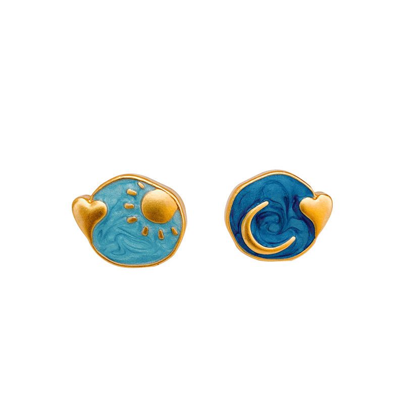 Designer Französische Retro Asymmetrische Matte Tropfen Öl Sonne Mond Liebe Ohrringe_voghion.com