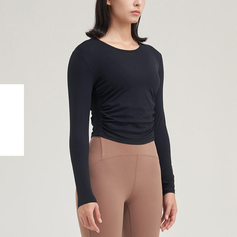 Tops esportivos de manga comprida para mulheres roupas de fitness emagrecimento plissado corrida pilates yoga roupas_voghion.com