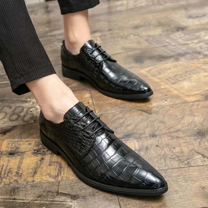 Chaussures de soirée à lacets en cuir pour homme, style rétro, noires, à bout pointu, style allemand, motif crocodile_voghion.com
