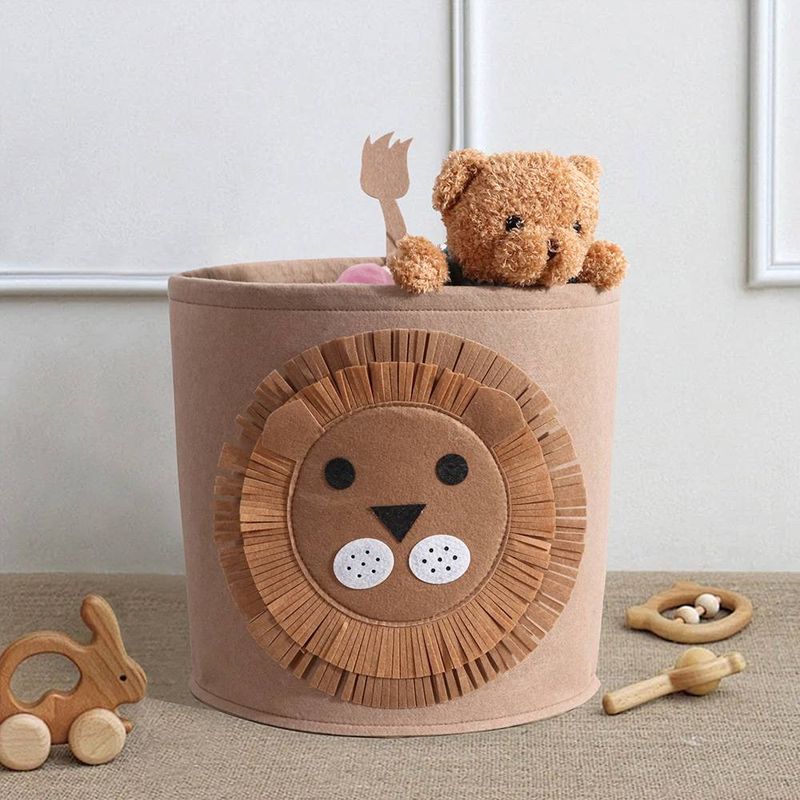 1 cesta de fieltro marrón con diseño de león de dibujos animados, ideal para la habitación de los niños, bonita cesta de estilo nórdico._voghion.com