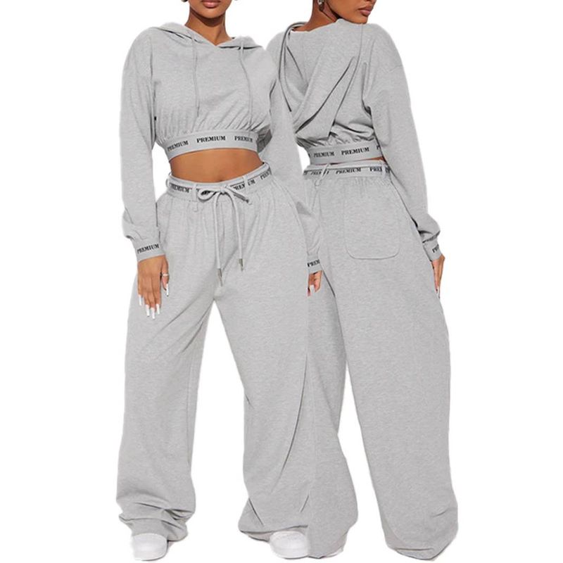 Women's Clothing Hooded Long Sleeved Short Top Letter Waist Loose Jogging Pants Suit_voghion.com