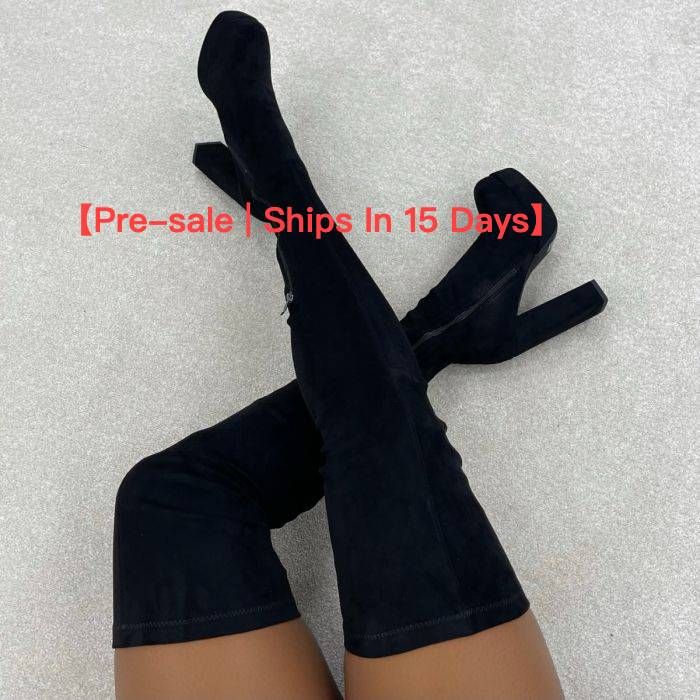 【Vorverkauf | Versand in 15 Tagen】High Heels mit rundem Kopf und Steindruck, seitlichem Reißverschluss, hoher Plattform, lange Overknee-Stiefel_voghion.com