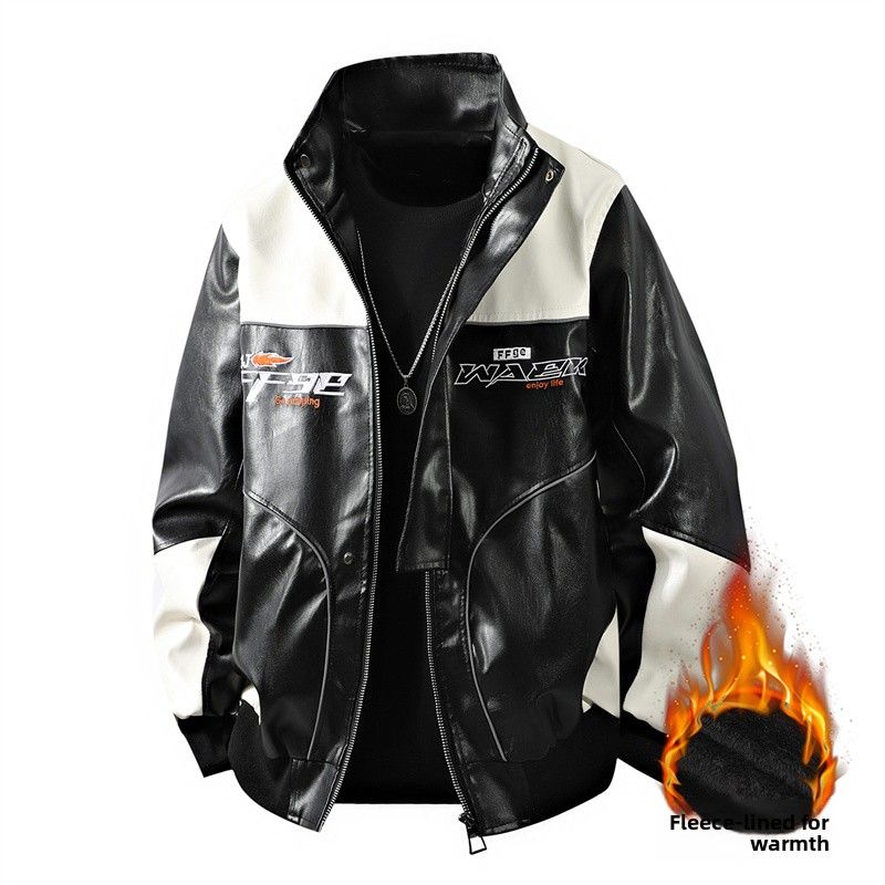 Giacca da motociclista in pile, giacca in pelle da uomo, giacca da corsa tinta unita da uomo, stile Hong Kong, coppia_voghion.com