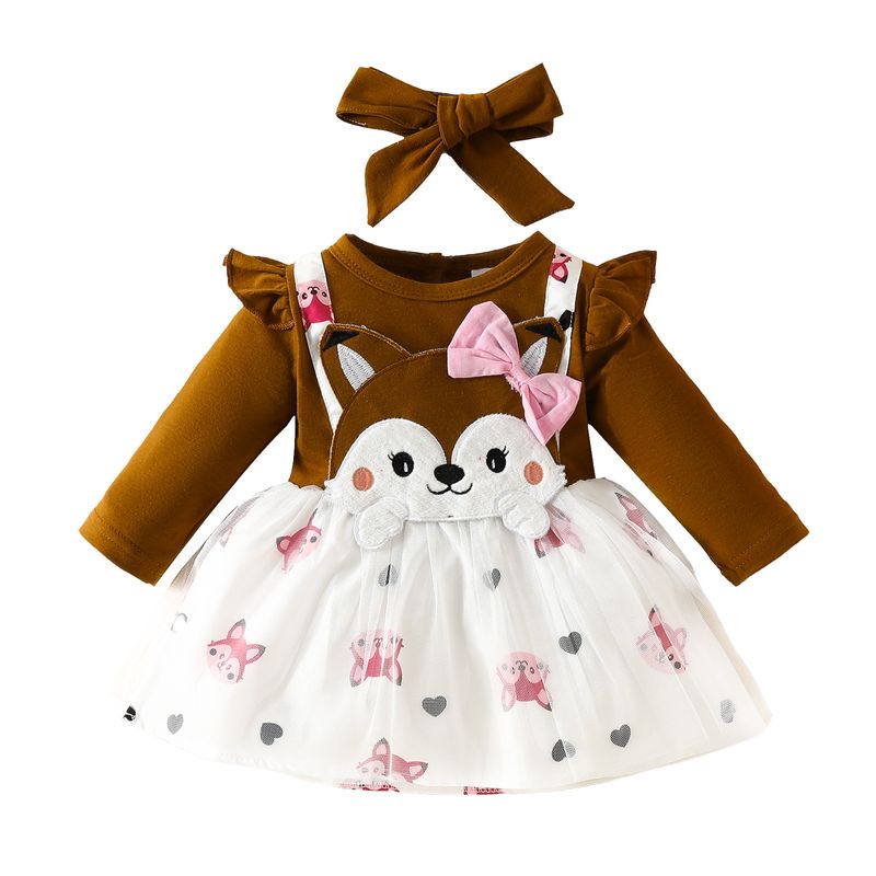 Babies' clothes baby girl long-sleeved fox embroidered false strap mesh dress girls spring and autumn bowknot printed skirt_voghion.com