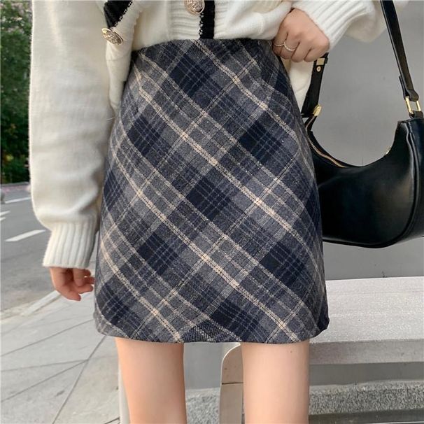 Checkered midi woolen fabric new autumn/winter 2024 high waist slimming short skirt pear shaped figure_voghion.com