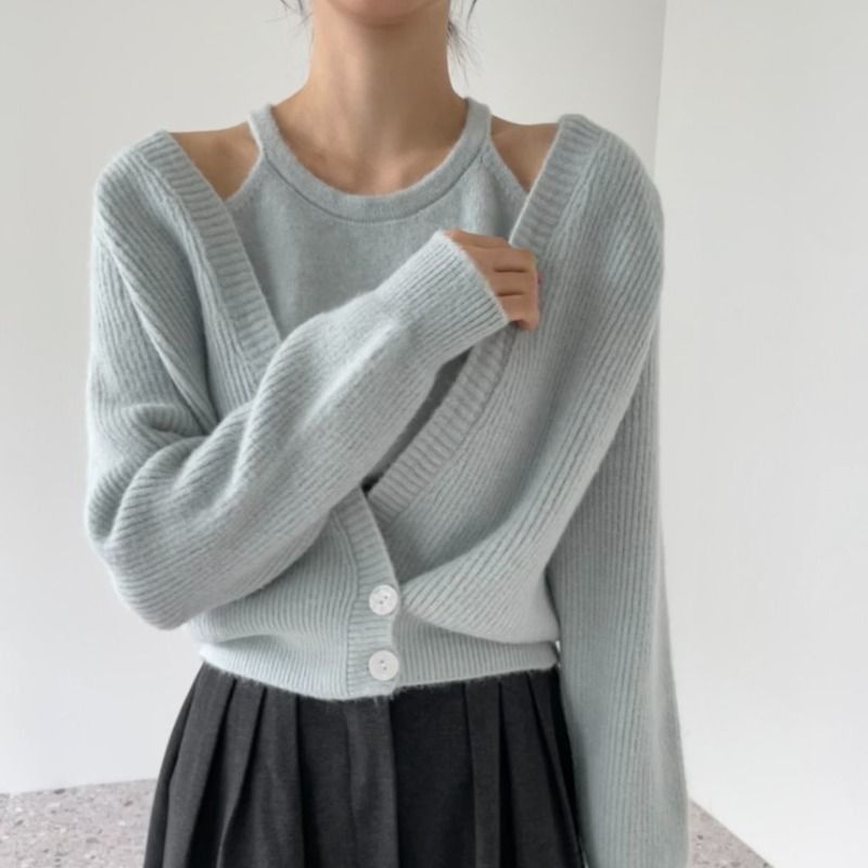 Ensemble cardigan en tricot paresseux pour femme, pull deux pièces à col en V et manches longues ouvert sur le devant avec gilet à bretelles_voghion.com