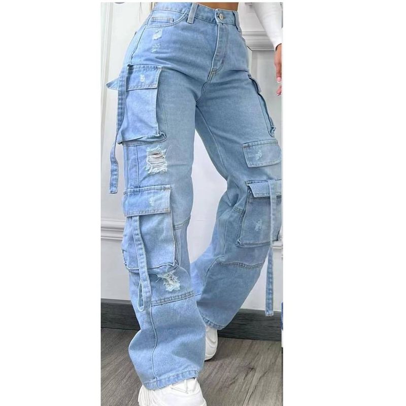 Pantalones vaqueros de trabajo informales con múltiples bolsillos y cintura alta de talla grande y todo a juego para mujer_voghion.com