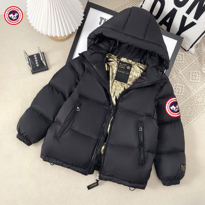 Kids' Black & Gold China Map Puffer Jacket - Faux Fur Trim Hooded Parka, Winter Coat With Glow-in-Dark Details_voghion.com