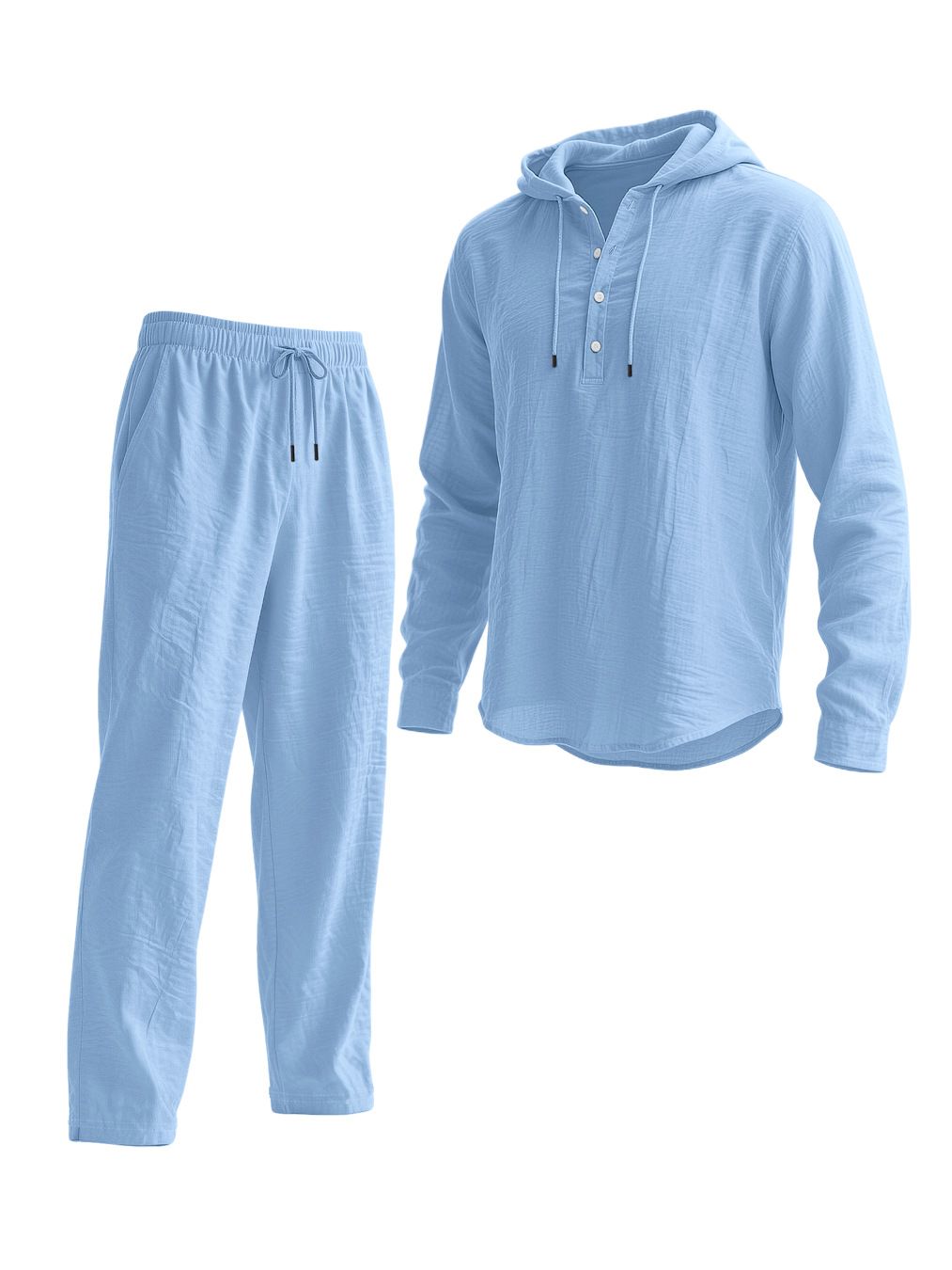 Herren-Lounge-Set aus Leinen mit Kapuze und Knopfleiste und langer Hose – Atmungsaktives zweiteiliges Outfit für Frühling und Herbst_voghion.com