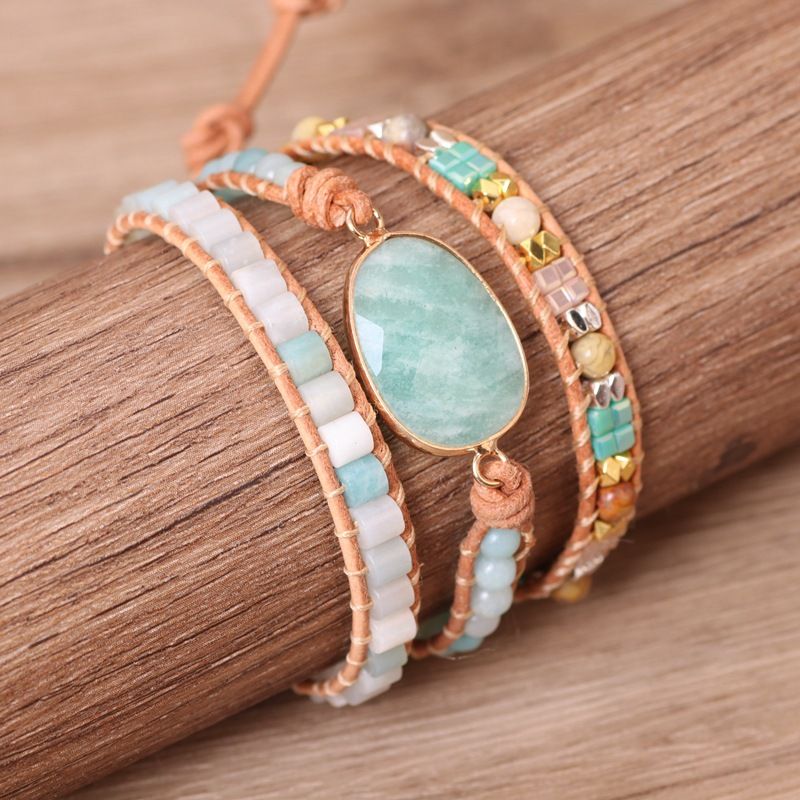Pulseira feminina de couro trançado com várias camadas de amazonita e contas, estilo boêmio criativo._voghion.com
