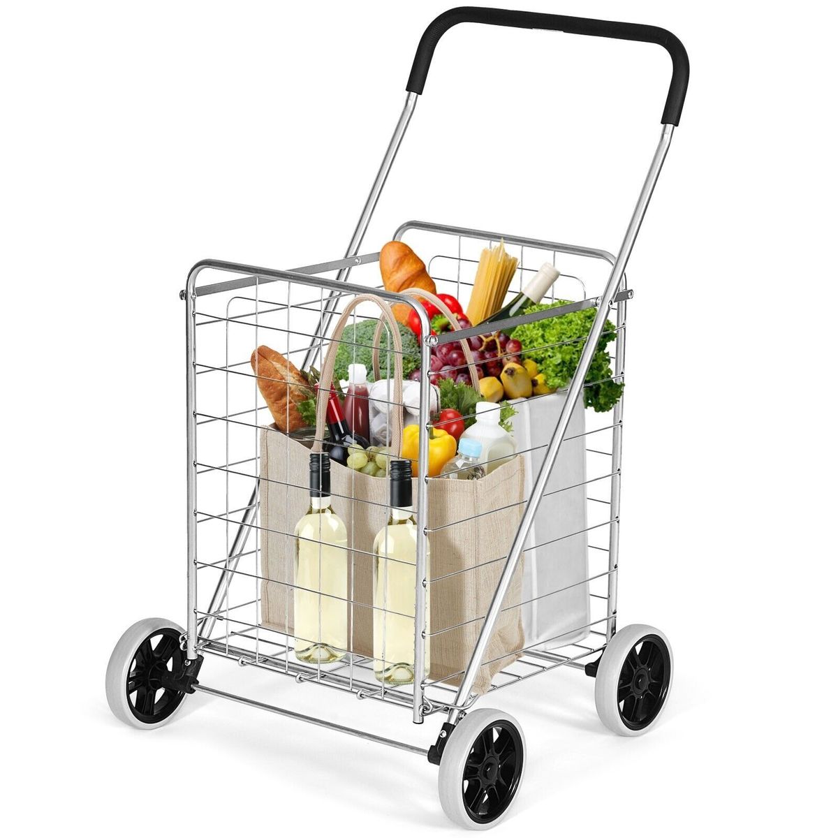 Folding Shopping Cart Portable Utility Grocery Versatile Rolling Cart 83L Basket_voghion.com