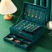 Vintage Velvet Jewelry Box With 10 Hooks - 3-Tier Large Capacity Organizer For Earrings, Necklaces & Rings (Dark Green)_voghion.com