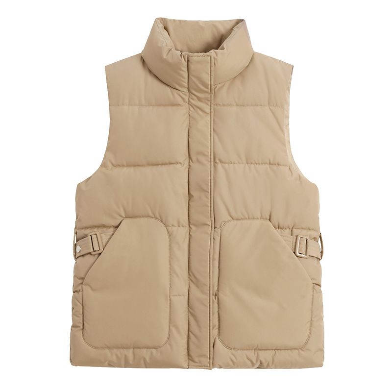 Women's Clothing autumn and winter new women's clothing trend solid color belt fashionable cotton vest fashionable stand up collar flat coat jacket_voghion.com