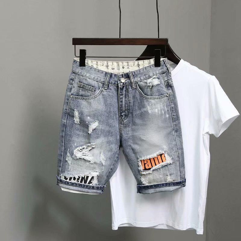 Men's Clothing Hole Patch Printed Frayed Denim Slim Fit Shorts_voghion.com
