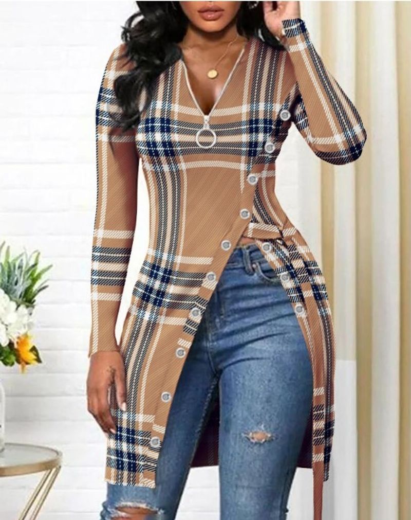 Women's fashion V-neck long sleeve high slit printed T-shirt_voghion.com