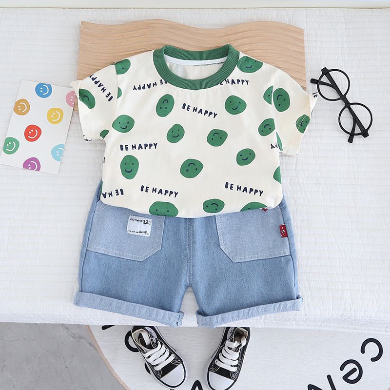 Sommarkostym 2024 Nya Moderiktiga Spädbarns- och Småbarnskläder Pojkar Heltryck Leende Ansikte Kortärmad Två_voghion.com
