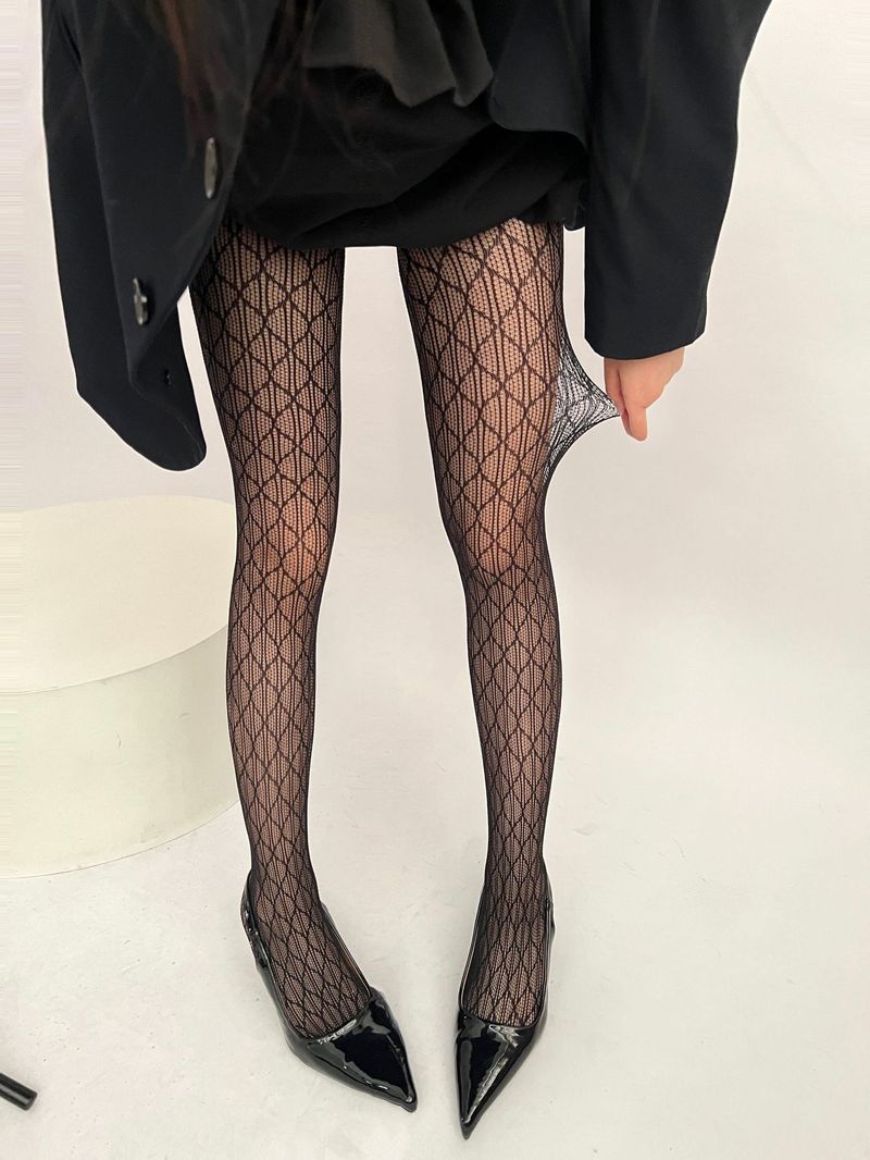 Seidenstrümpfe, romantische vertikale Rauten-Hohlspitzen-Netzstrümpfe im Pure Desire-Stil, weiße Strumpfhose mit Anti-Hängegefühl_voghion.com