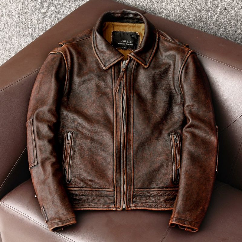 Echtlederjacke im Vintage-Stil für Herren, kurze Bikerjacke im Used-Look, hochwertiges Vollnarben-Rindsleder, Retro-Rocker-Look​_voghion.com