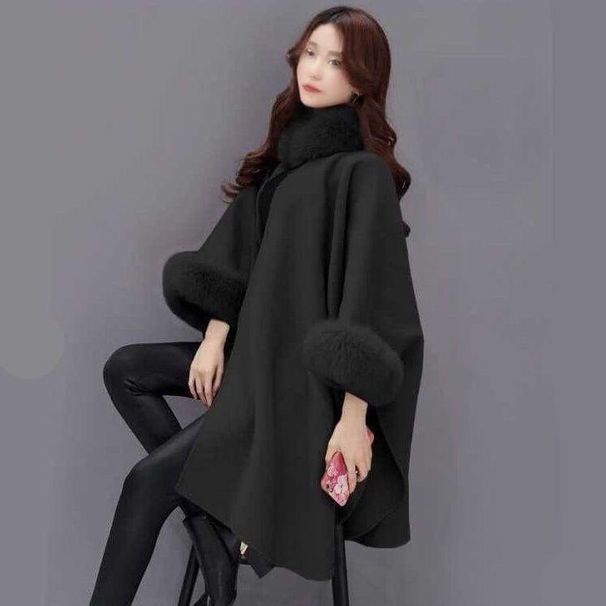 Elegante cappotto lungo in lana con collo in pelliccia di coniglio da donna - Mantello oversize in classico stile Hepburn (nero, grigio, cammello, dalla S alla 5XL)_voghion.com