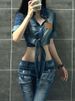 Camicia estiva da donna in denim lavato con maniche e polsini regolabili, modello Spicy Girl in stile americano, top corto che stringe la vita_voghion.com