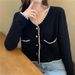 Lightweight V-Neck Knit Cardigan Women's Thin Long-Sleeve Open Front Sweater Top Short Cropped Lace-Up Blouse_voghion.com