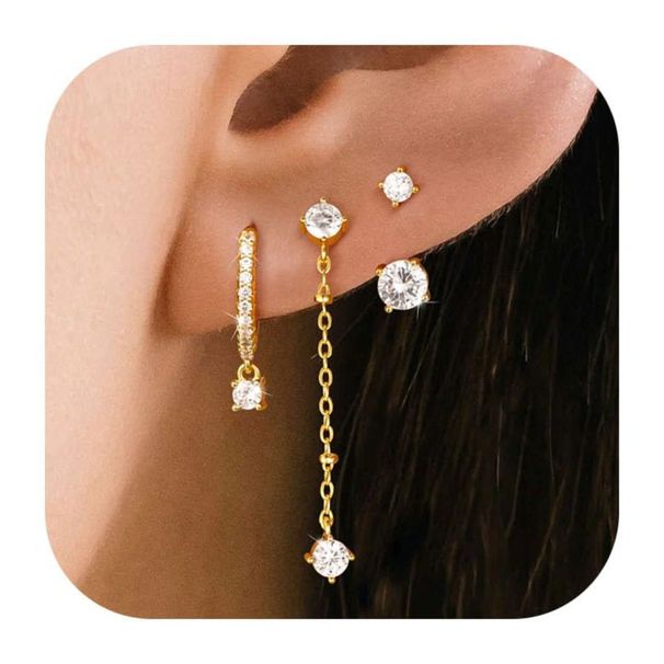 Orecchini unisex con nappe, orecchini a forma di fiore, orecchini in ottone dorato galvanizzato, intarsiati in zirconio, set di tre pezzi_voghion.com